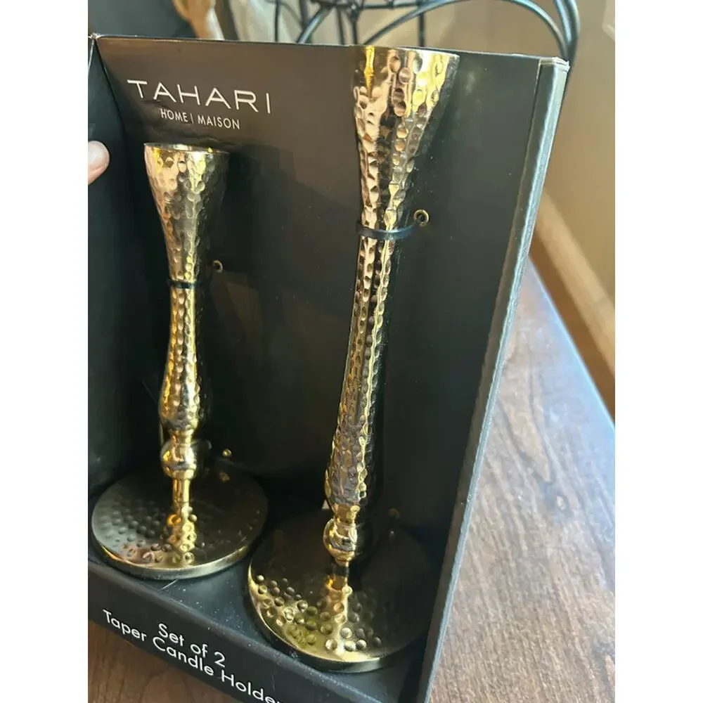 New Tahari Home hammered brass taper candle holders gold textured finish
